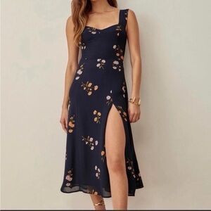 Reformation Navy Floral Midi Dress with Side Slit